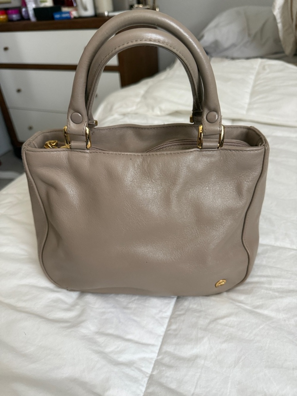 Etienne Aigner Taupe Leather Satchel with Gold Hardware